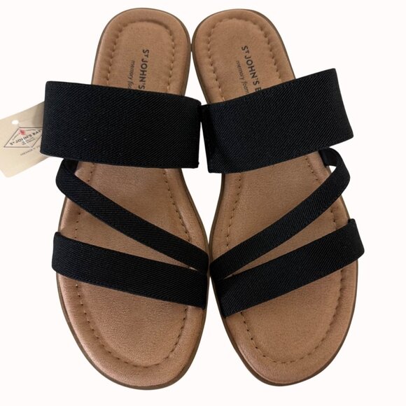 St Johns Bay Strappy Sandals Size 7.5 Black Memory Foam Flat Comfort Summer Fash - Picture 1 of 13